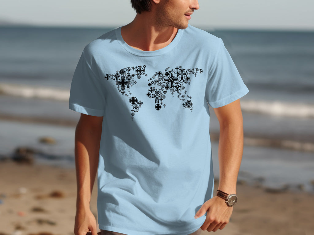 Light blue t-shirt with a world map design made of black crosses.