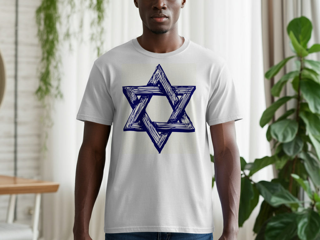 White t-shirt with a navy blue, sketched Star of David design.