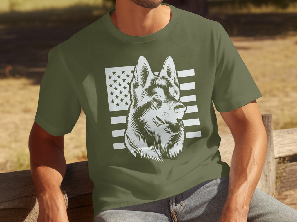 Green t-shirt with a white German Shepherd and American flag graphic.