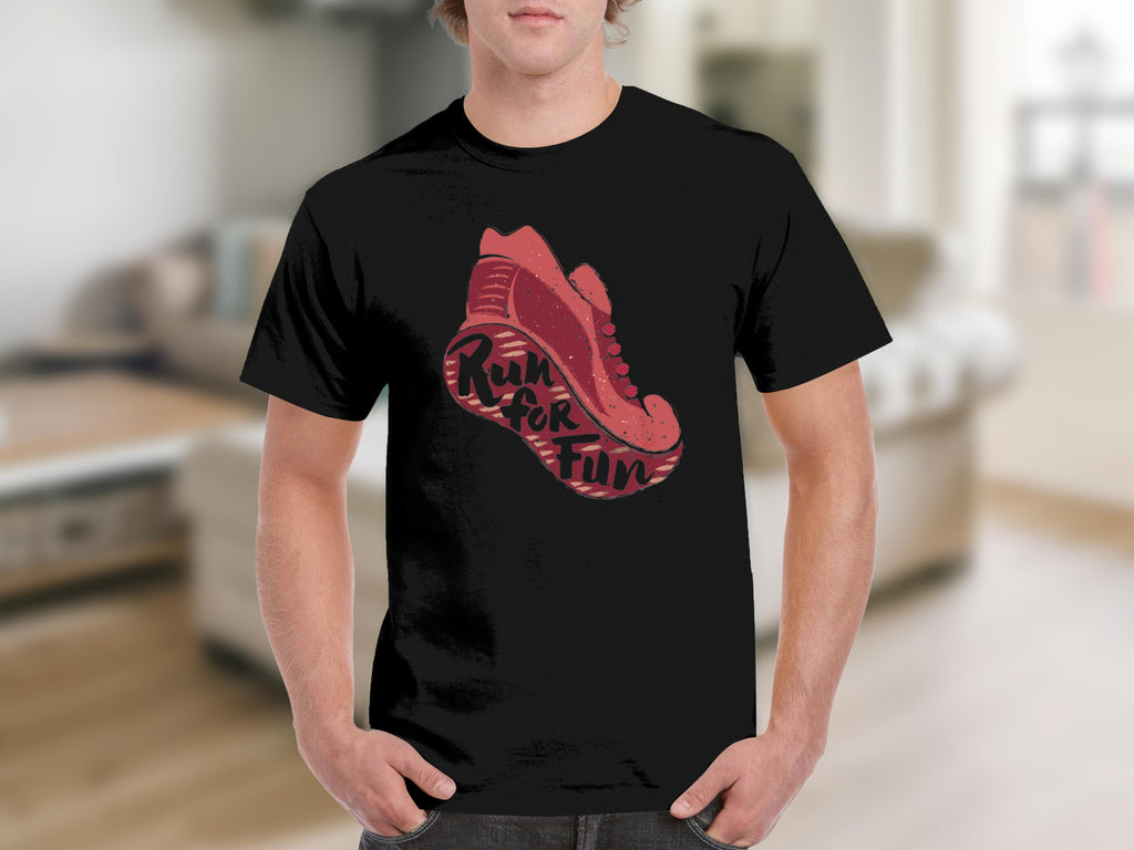 Black t-shirt with red sneaker graphic and text "Run for Fun".
