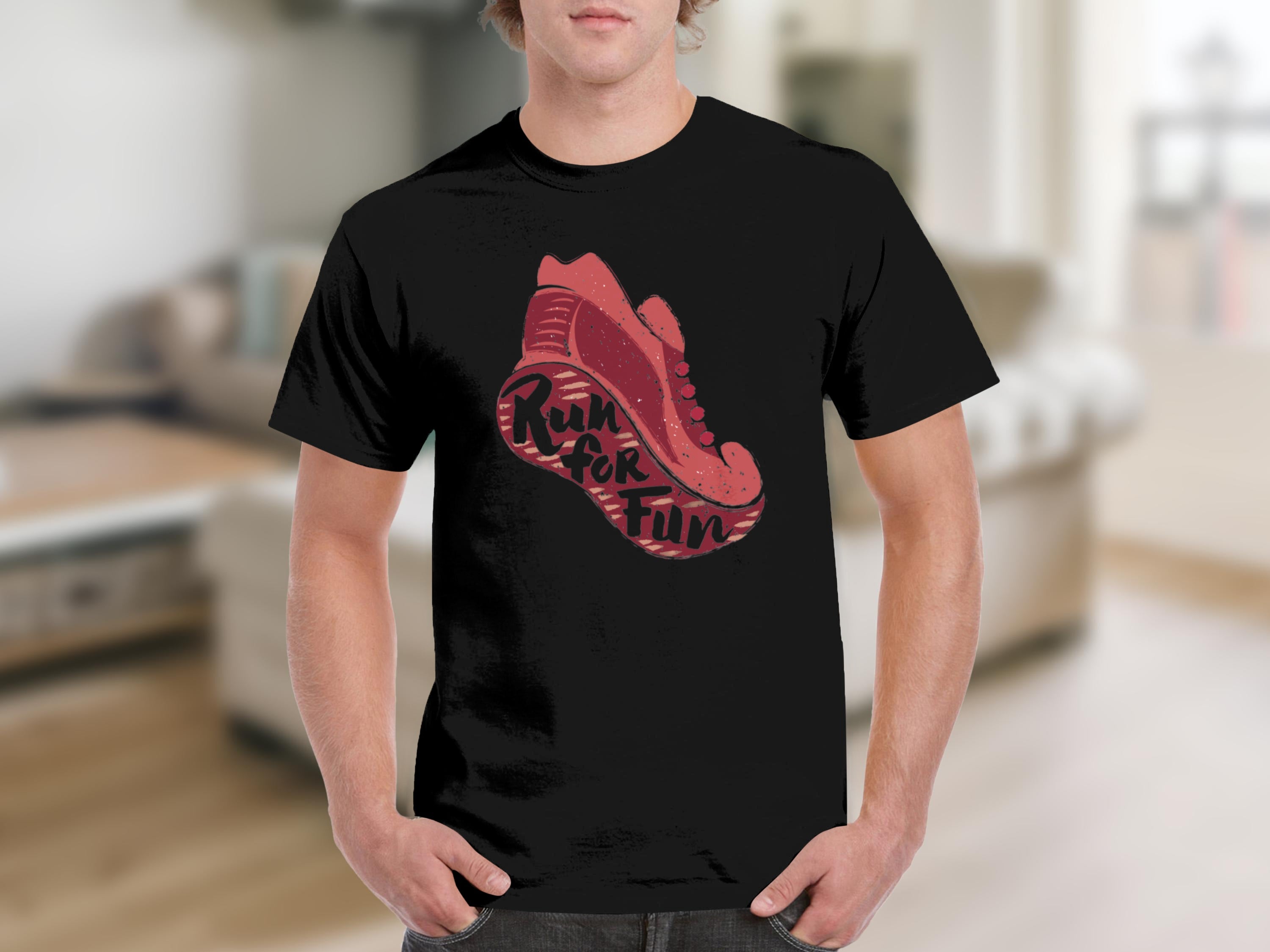 Black t-shirt with red sneaker graphic and text "Run for Fun".