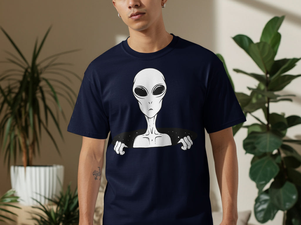 Navy t-shirt with a white alien graphic emerging from a black space void.
