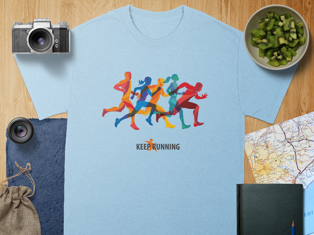 Light blue t-shirt with colorful running figures and "KEEP RUNNING" text.