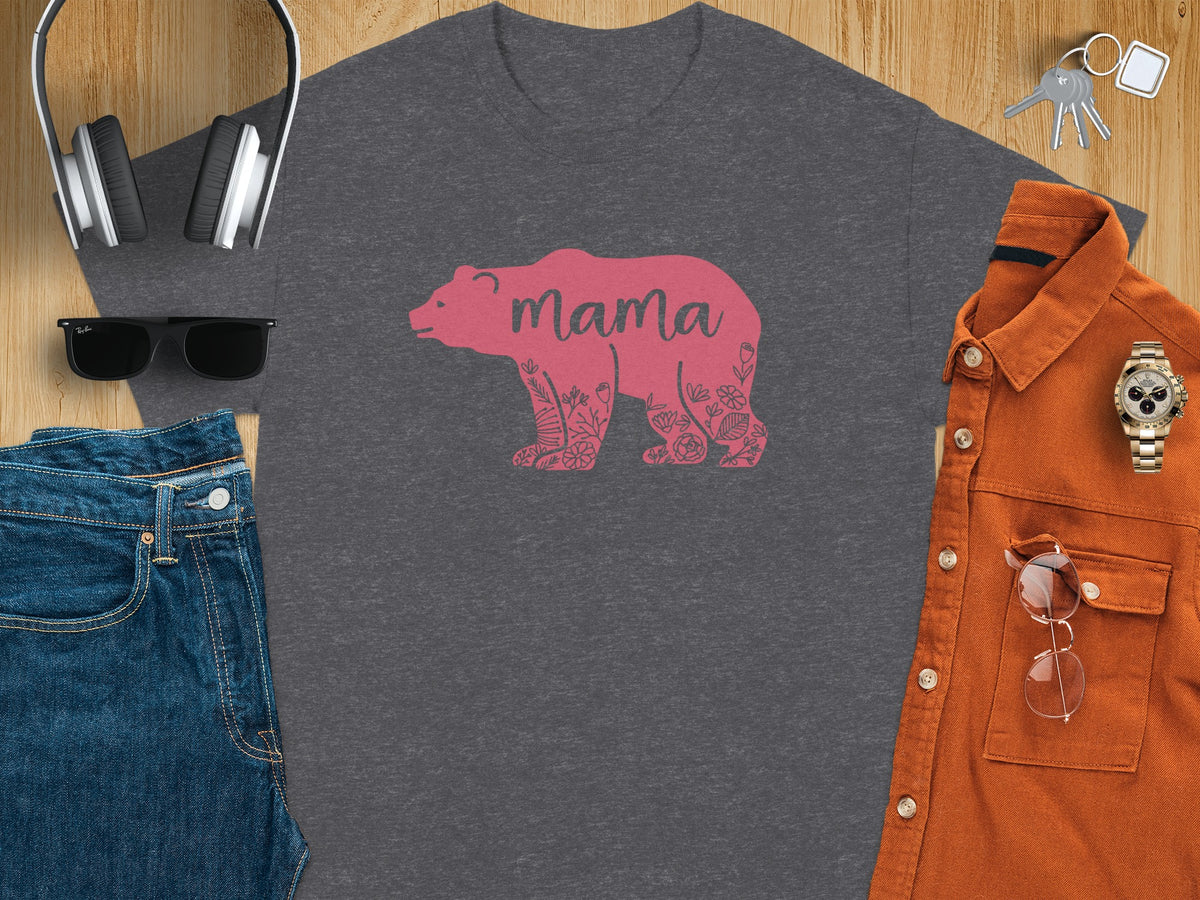 Dark grey t-shirt with pink bear and "mama" floral design.