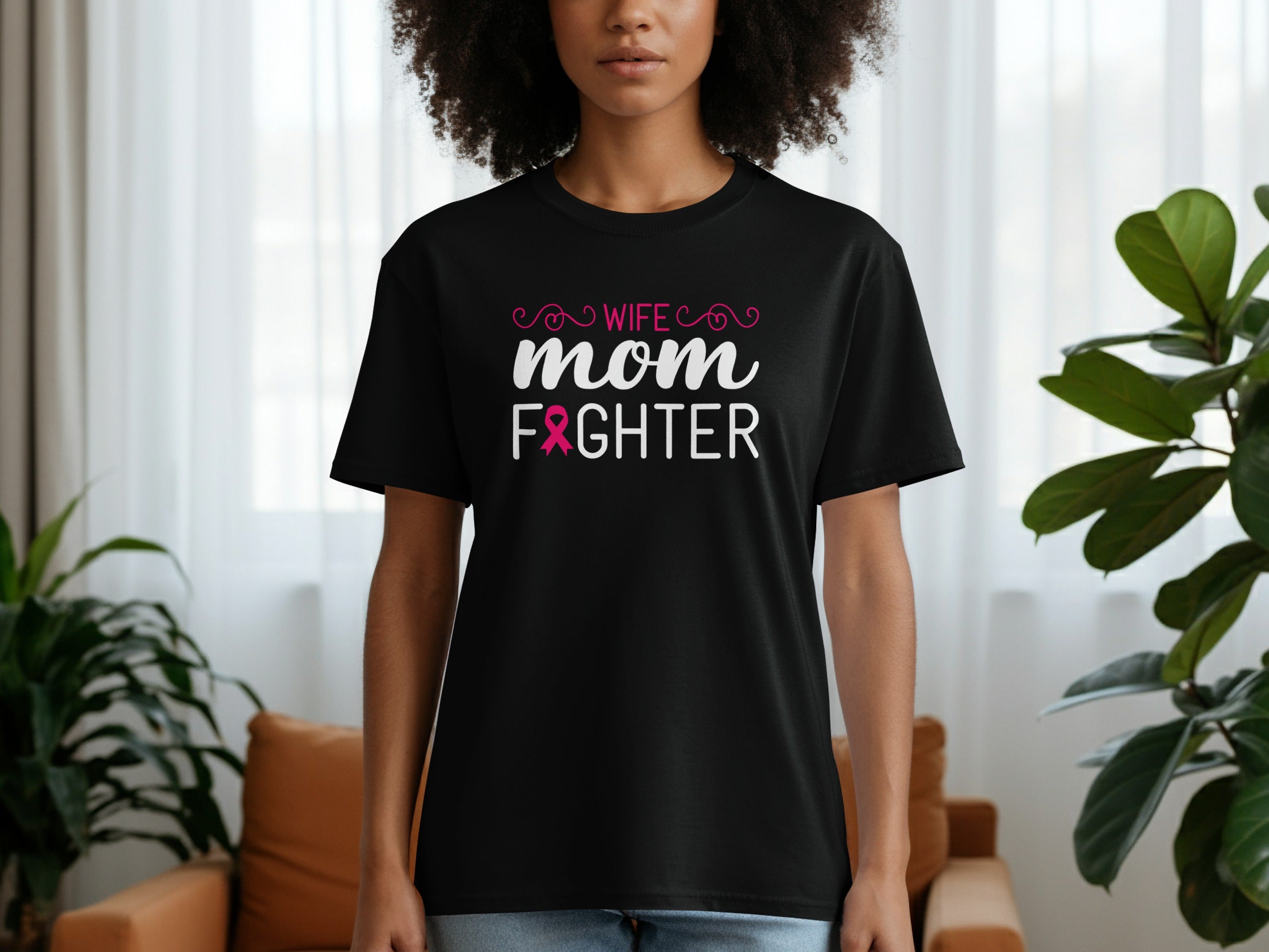 Black t-shirt with text "Wife Mom Fighter" and a pink ribbon.