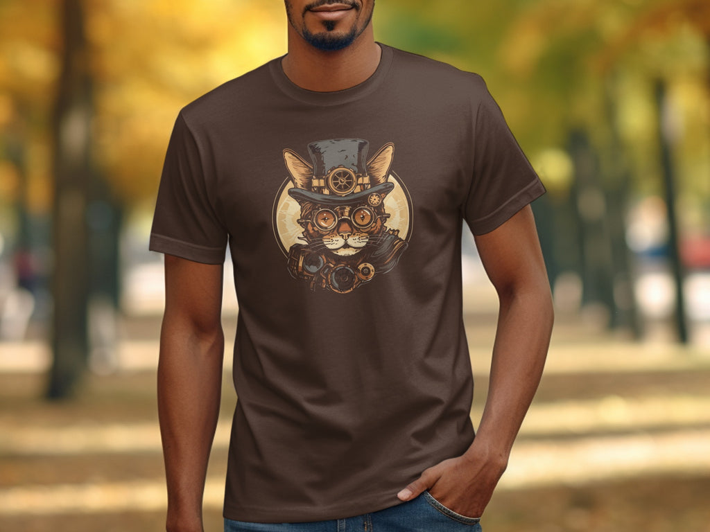 Brown t-shirt with steampunk cat wearing a top hat and goggles graphic.