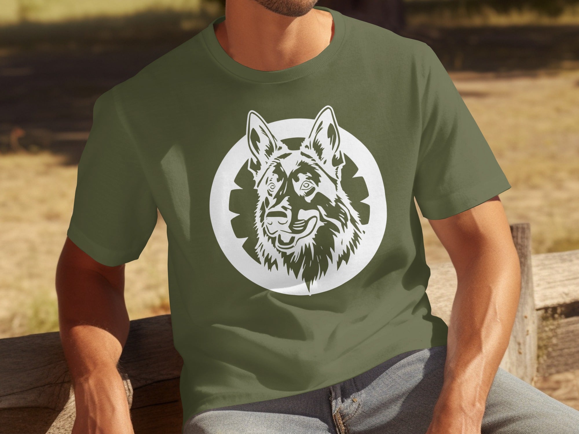 Olive green t-shirt with a white German Shepherd head graphic in a circle.