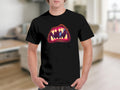 Black t-shirt with a cartoon mouth and sharp teeth design.