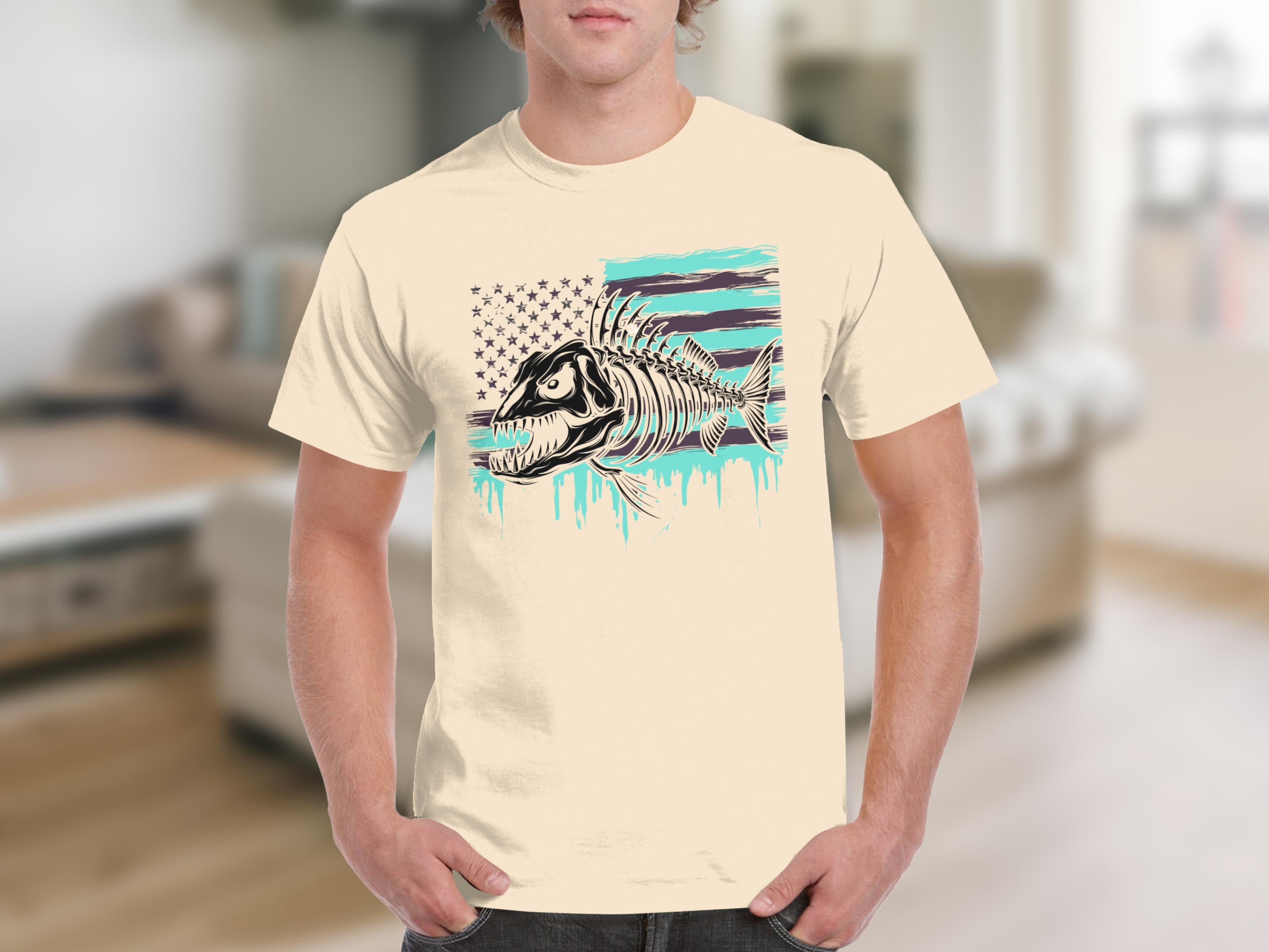 Cream t-shirt with a fish skeleton graphic overlaying a distressed American flag.