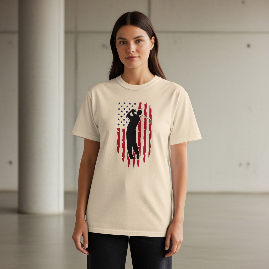 T-shirt with golfer silhouette against American flag graphic.