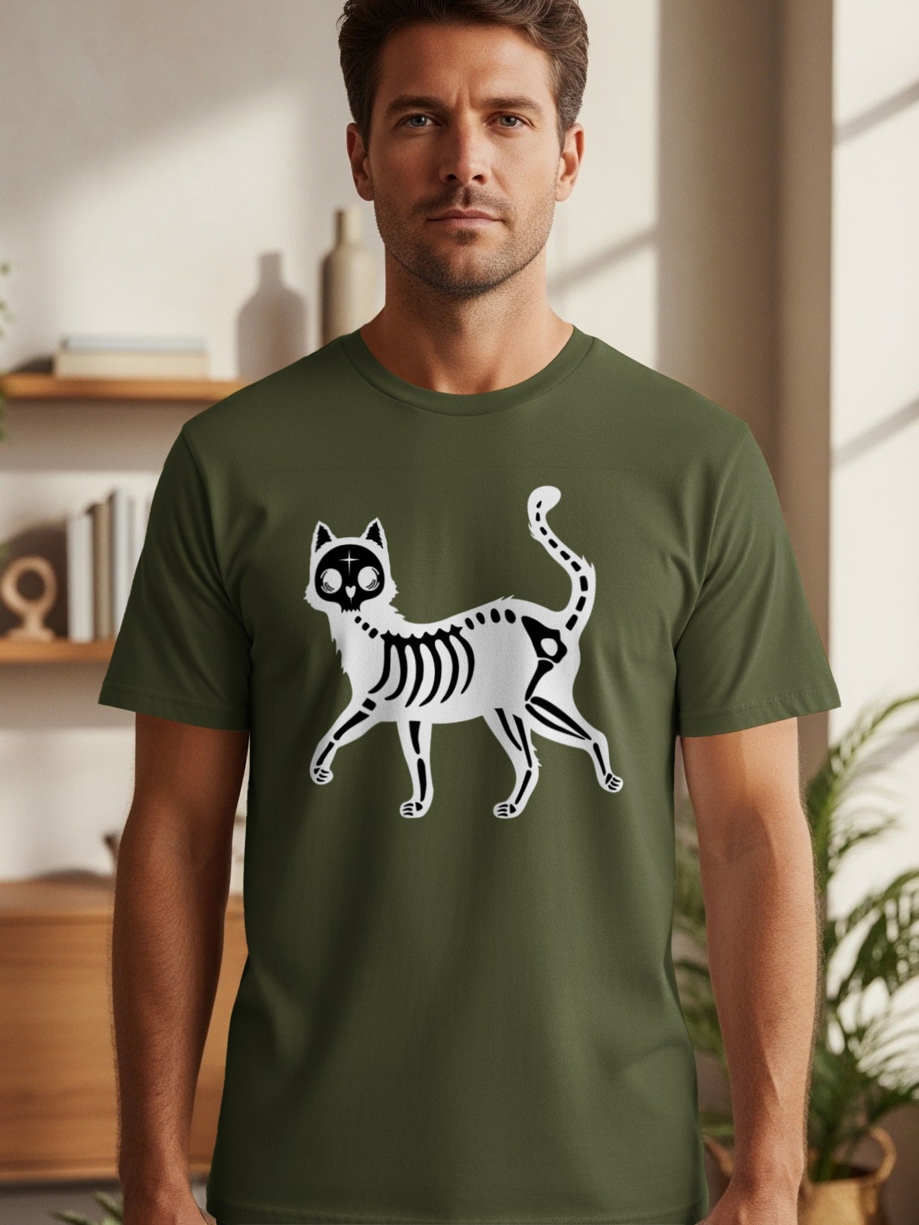 Green t-shirt with a white and black skeleton cat graphic.