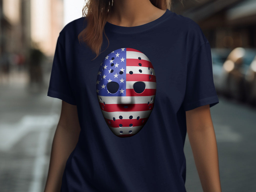 Navy t-shirt with a hockey mask graphic split between the American flag.