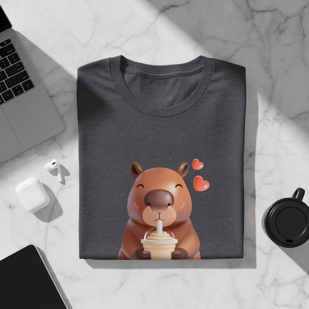 Gray t-shirt with cartoon capybara drinking from cup and pink hearts.