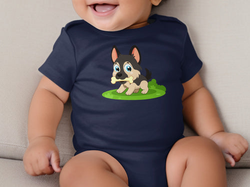Navy baby onesie with a cartoon German Shepherd puppy design holding a bone.