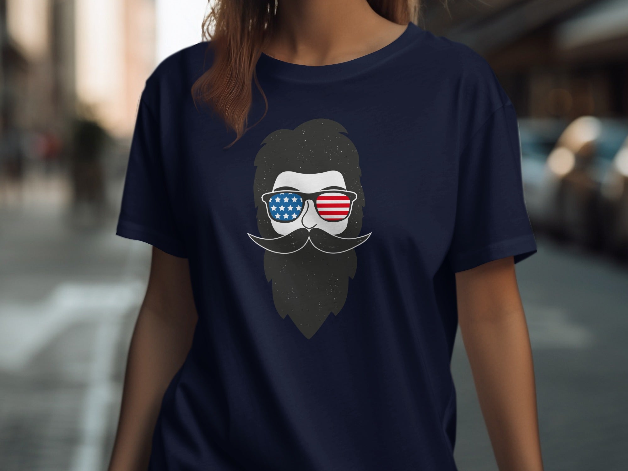 Dark blue t-shirt with graphic of beard, mustache, and American flag sunglasses