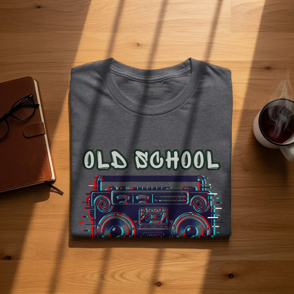 Dark grey t-shirt with "OLD SCHOOL" text and a stereo boombox graphic.