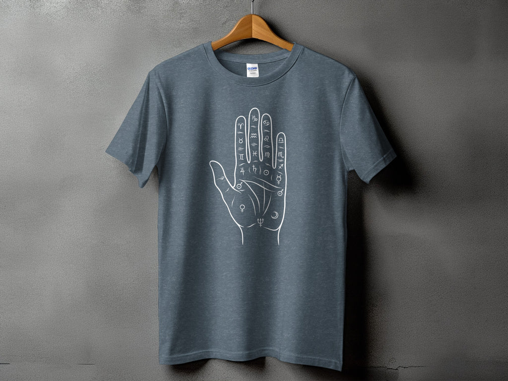 T-shirt with white line art of a hand and astrological symbols.