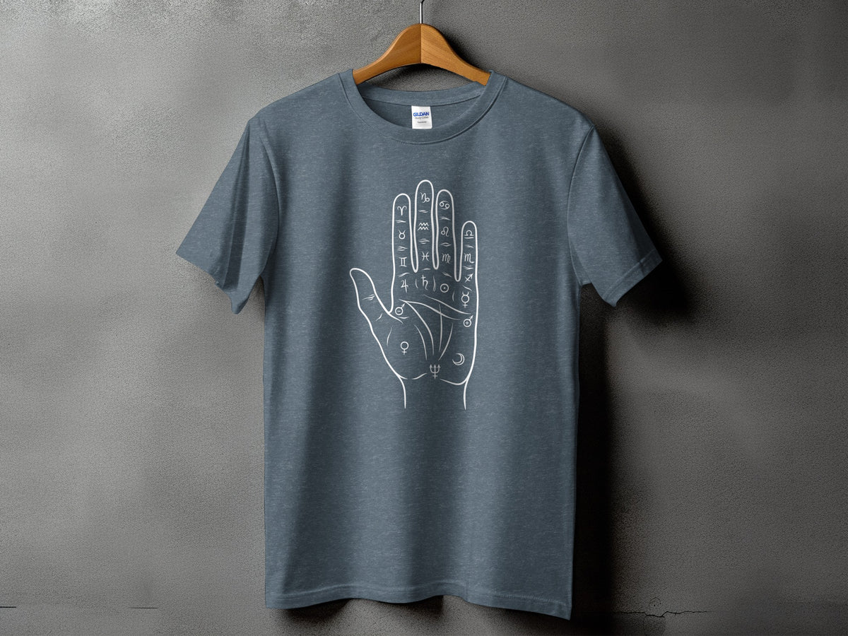 T-shirt with white line art of a hand and astrological symbols.
