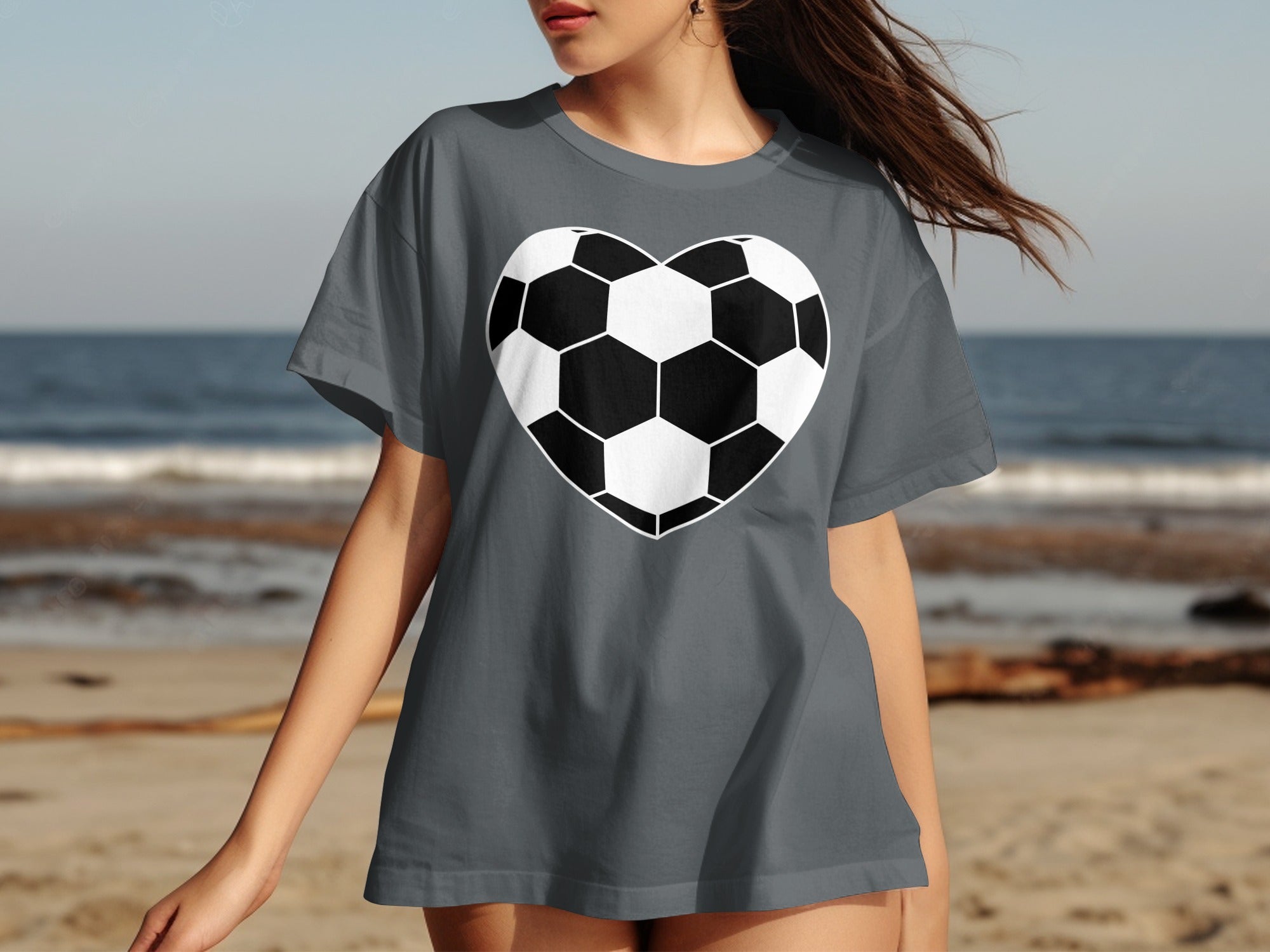 Gray t-shirt with a heart-shaped soccer ball graphic on the front.