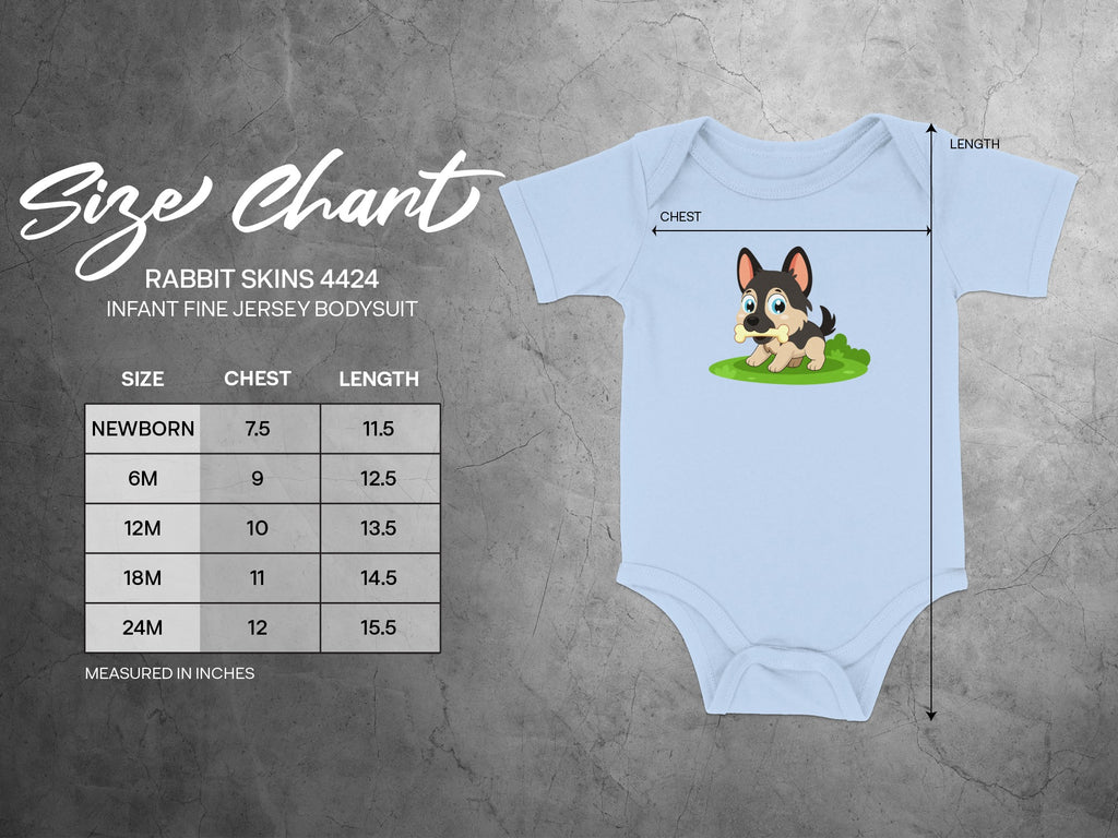 Rabbit Skins 4424 infant bodysuit size chart with chest and length measurements.