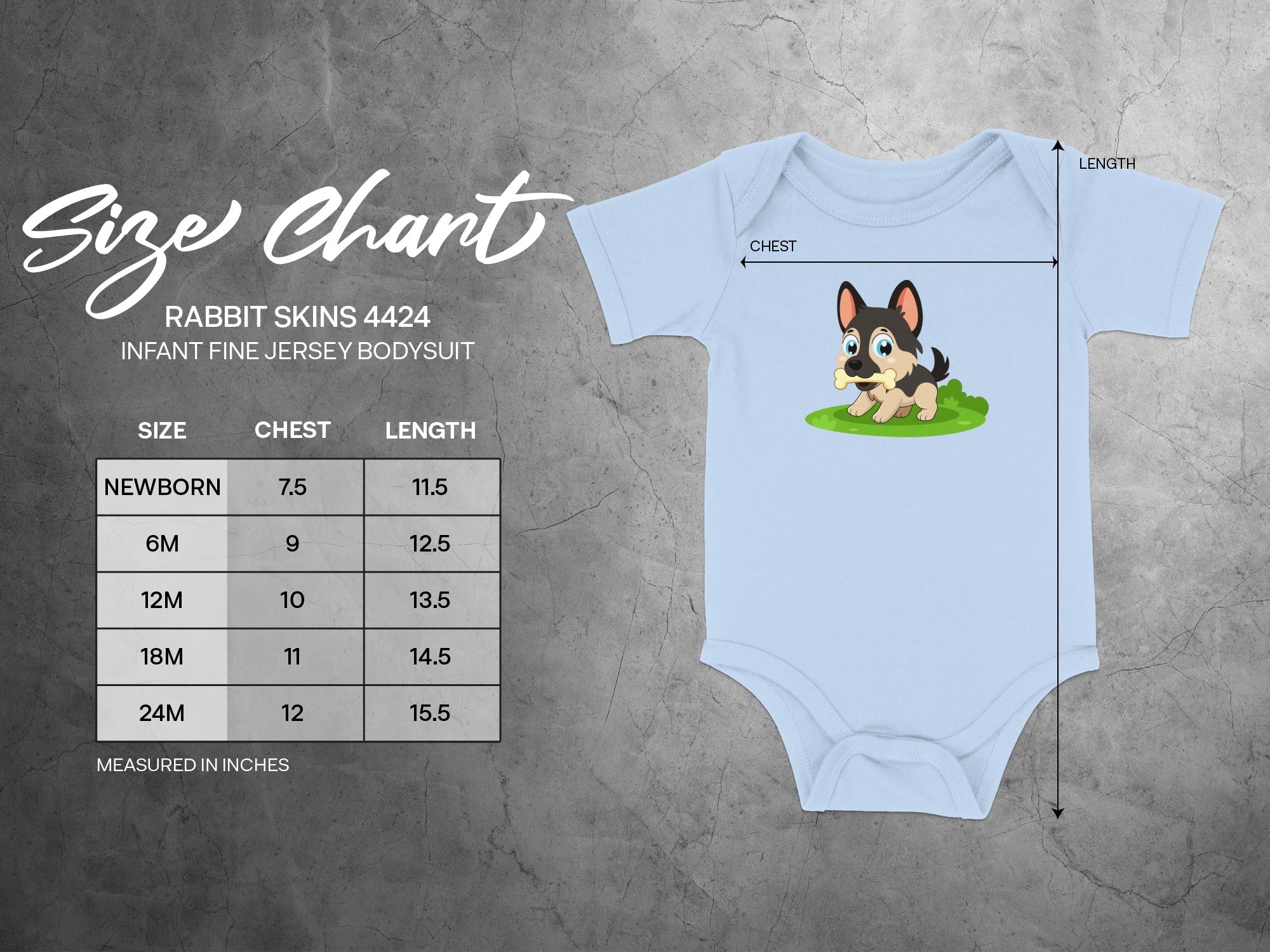 Rabbit Skins 4424 infant bodysuit size chart with chest and length measurements.