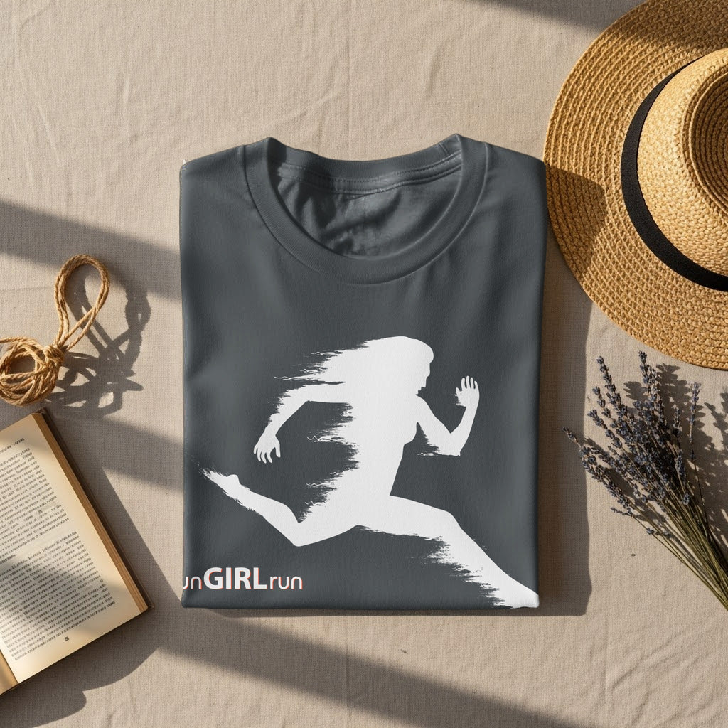 Dark grey t-shirt with white running woman graphic and "runGIRLrun" text.
