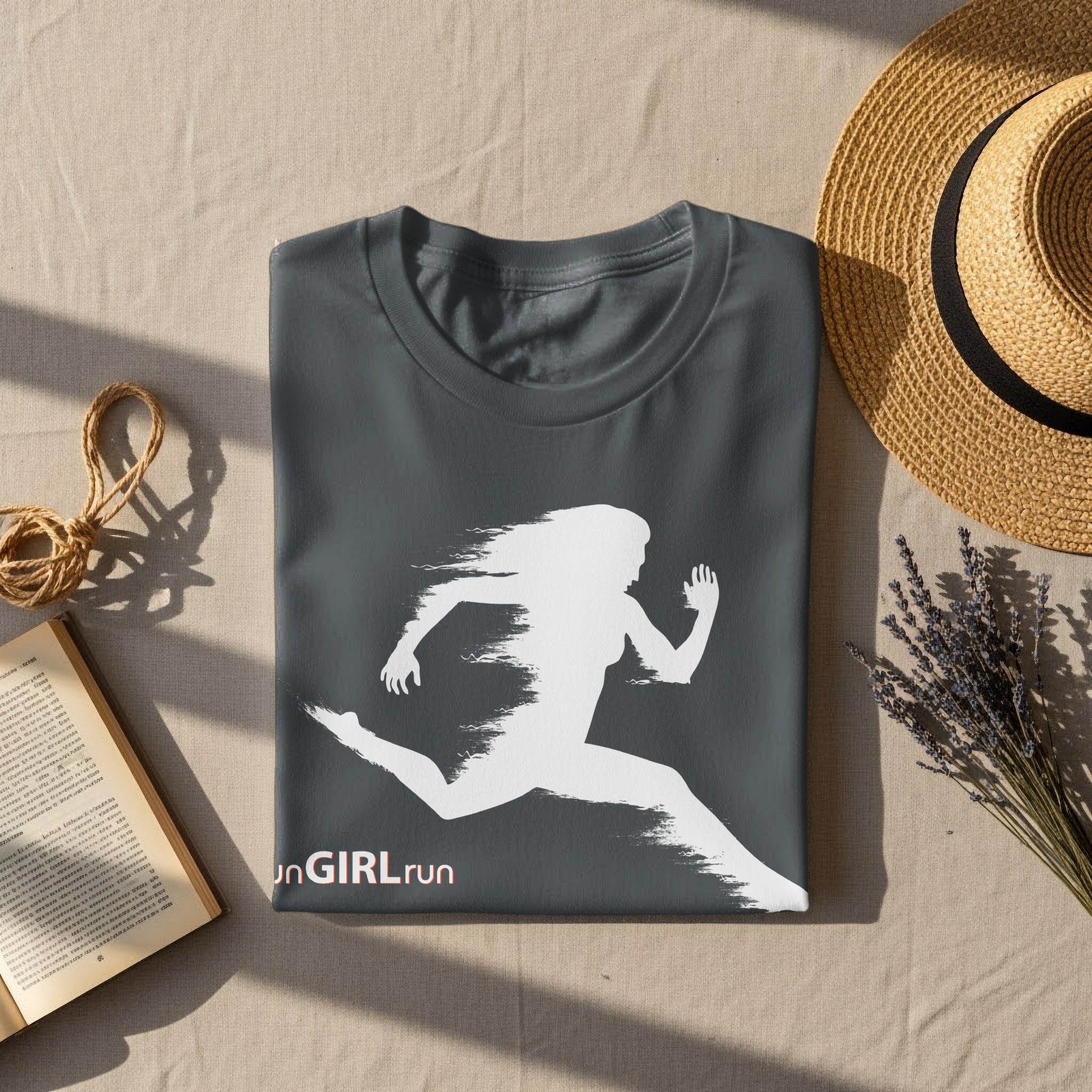 Dark grey t-shirt with white running woman graphic and "runGIRLrun" text.