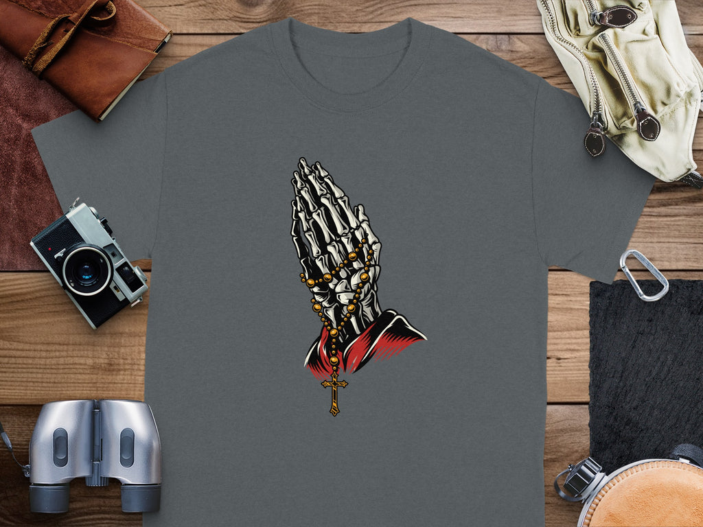 Dark gray t-shirt with skeleton hands praying wearing a rosary and cross.