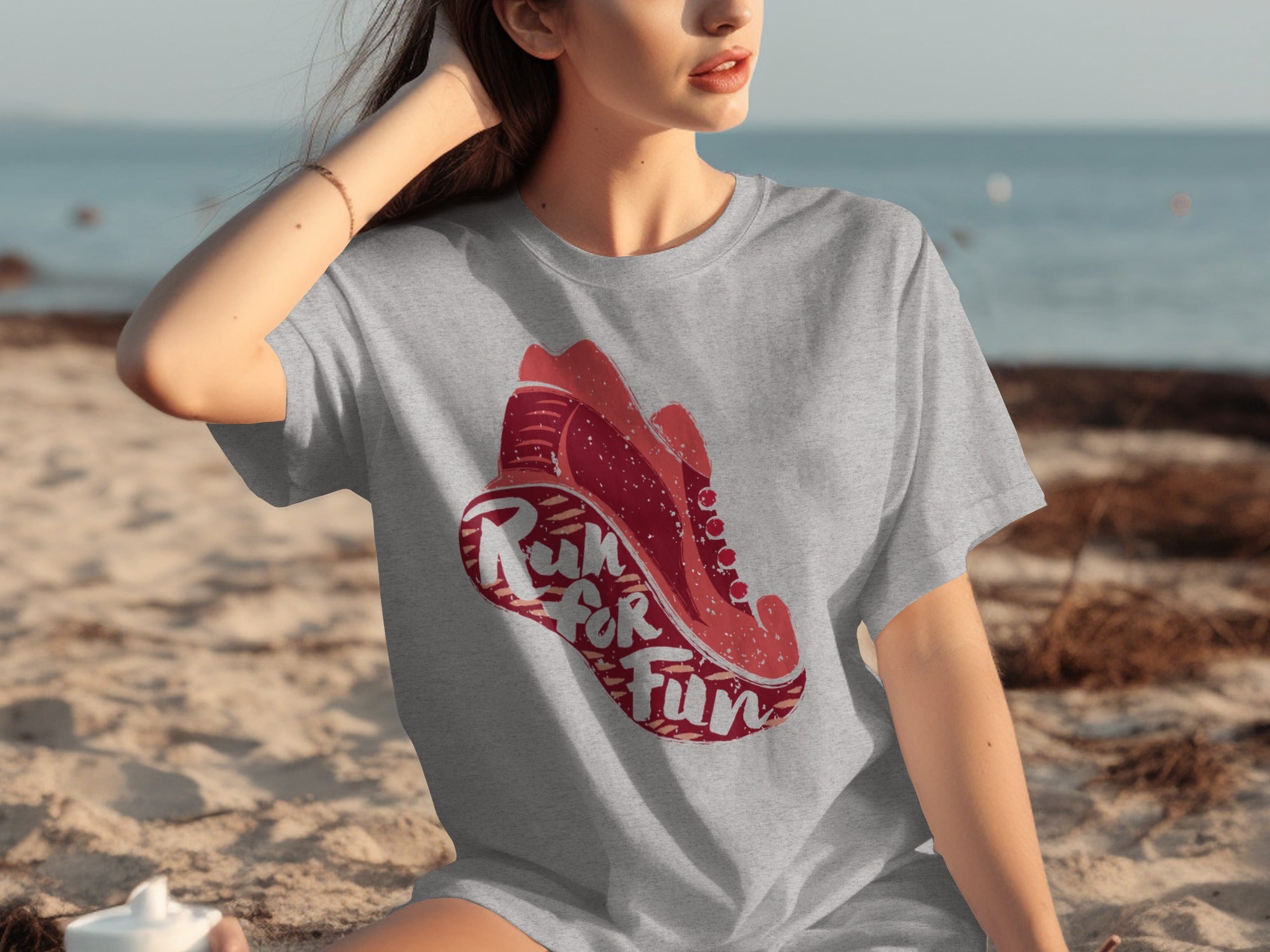 Gray t-shirt with a red sneaker graphic that says "Run for Fun."