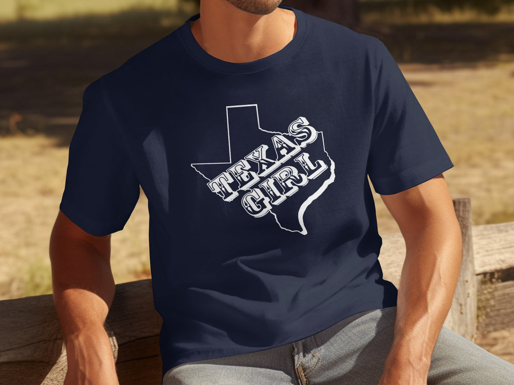 Dark navy t-shirt with white outline of Texas and the words "TEXAS GIRL".
