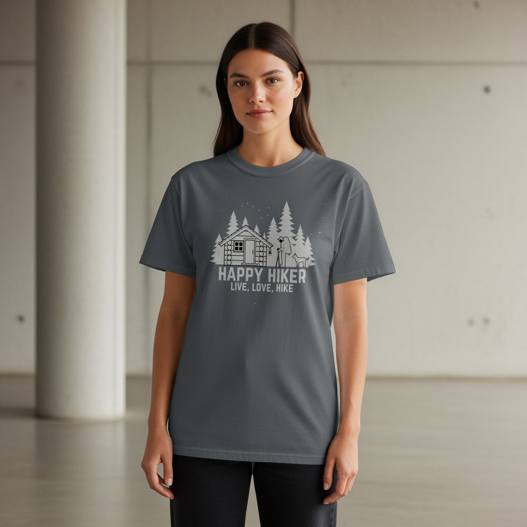 Grey t-shirt with white graphic of a cabin, hiker, dog, and trees, reads "Happy Hiker".