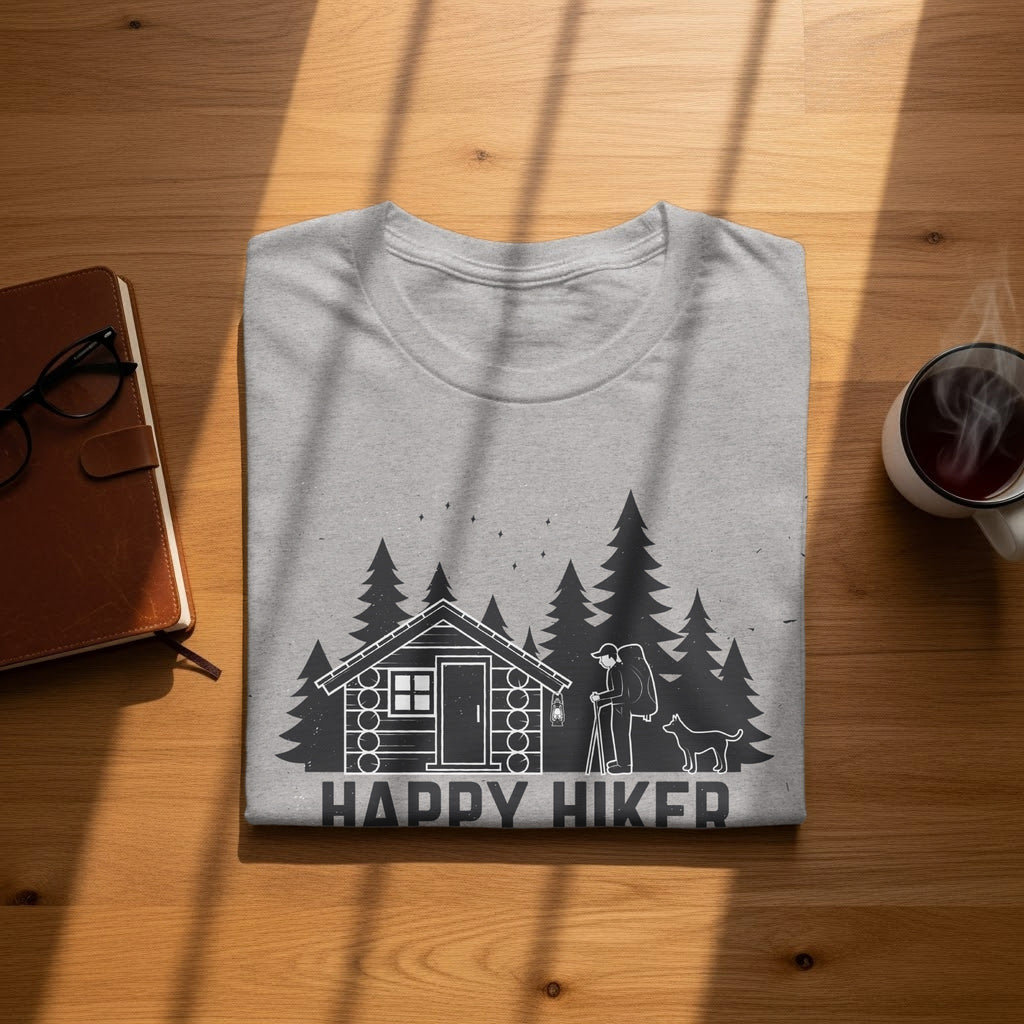 Gray t-shirt with a log cabin, hiker, dog, and trees graphic.