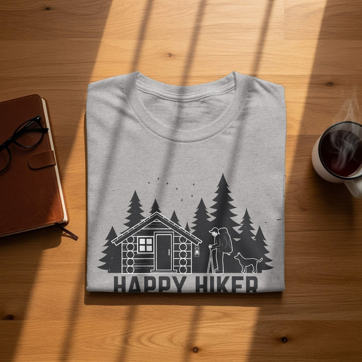 Gray t-shirt with a log cabin, hiker, dog, and trees graphic.