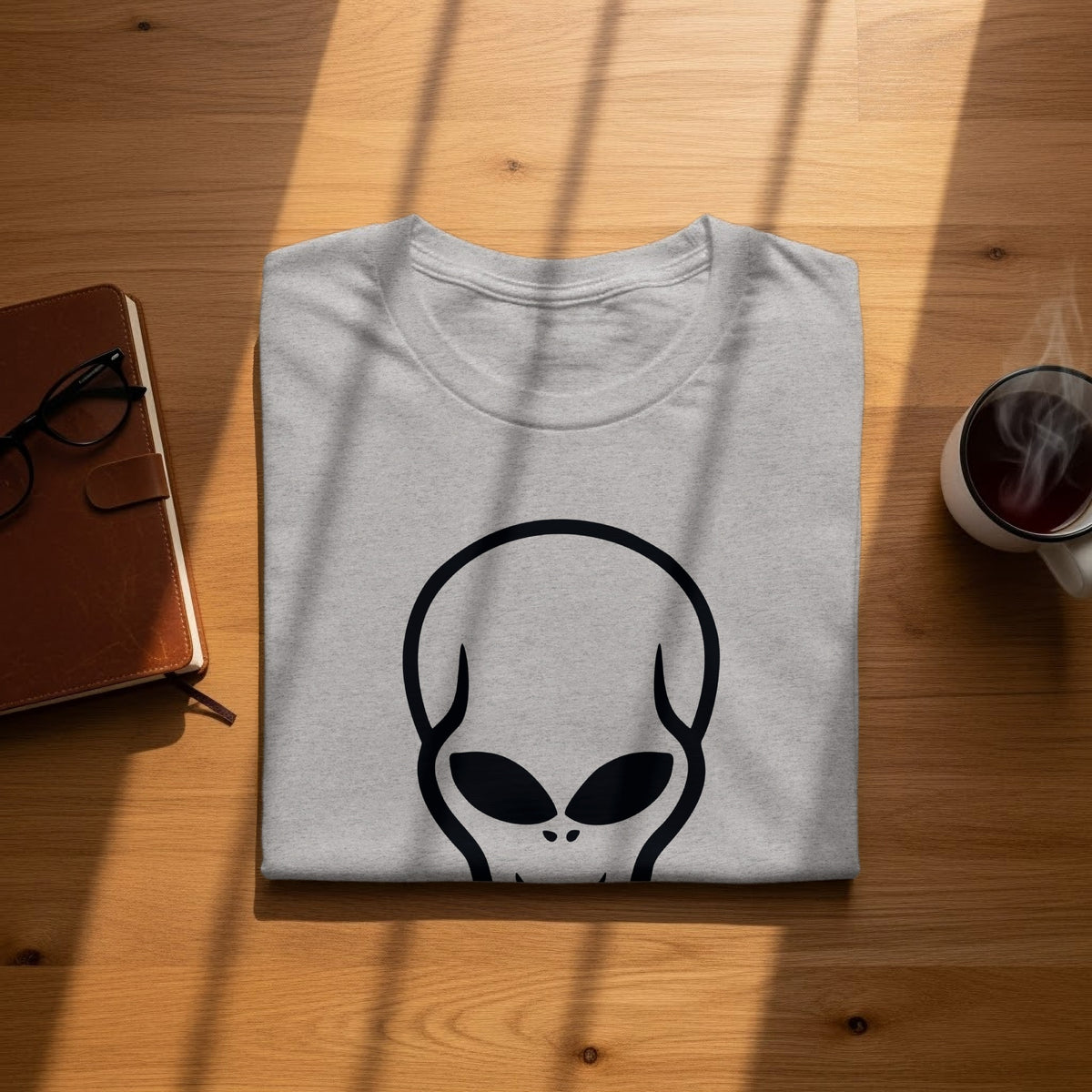 Light grey t-shirt with a black alien face graphic on a wooden surface.
