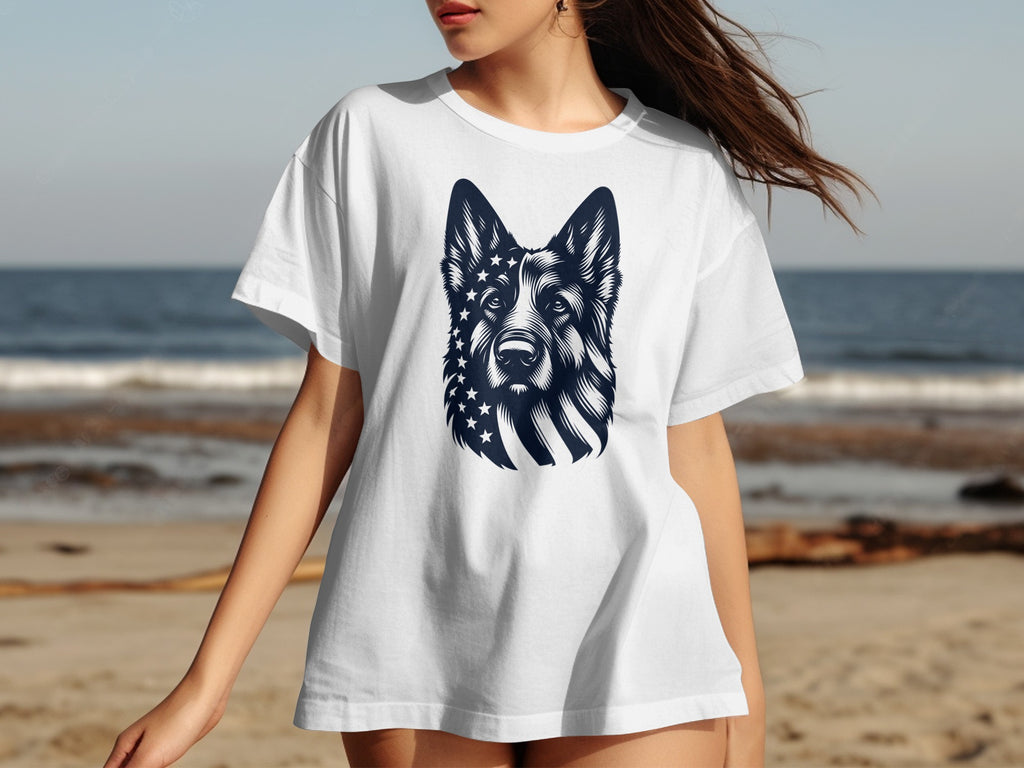 German Shepherd dog graphic with American flag elements on a white t-shirt.