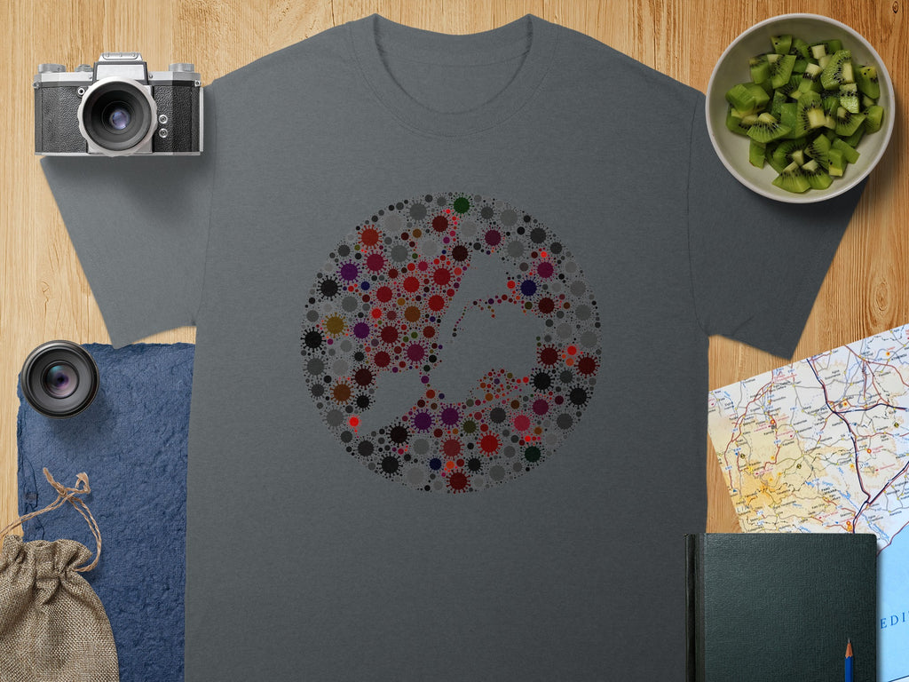 Grey t-shirt with a circle design of virus shapes forming a map outline.