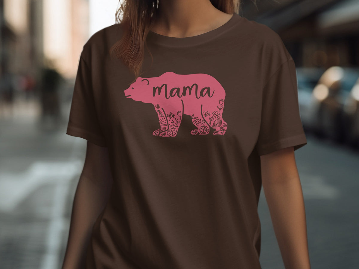 Brown t-shirt with pink bear silhouette featuring "mama" text and floral designs.