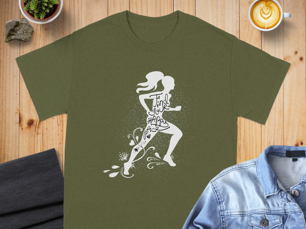 Olive t-shirt with white graphic of runner and text "Find Your Happy Pace."