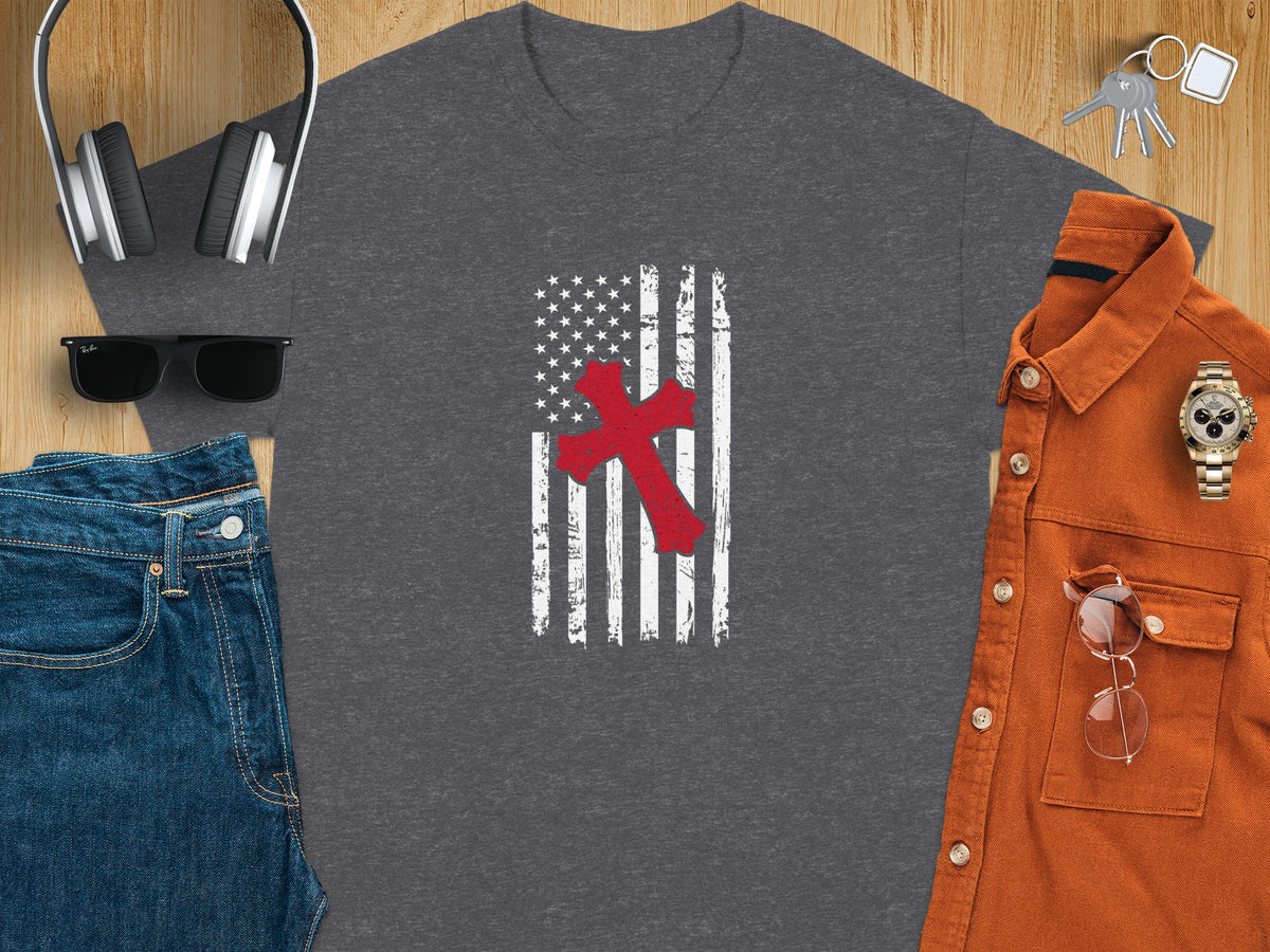 Gray t-shirt with distressed American flag and red cross graphic.