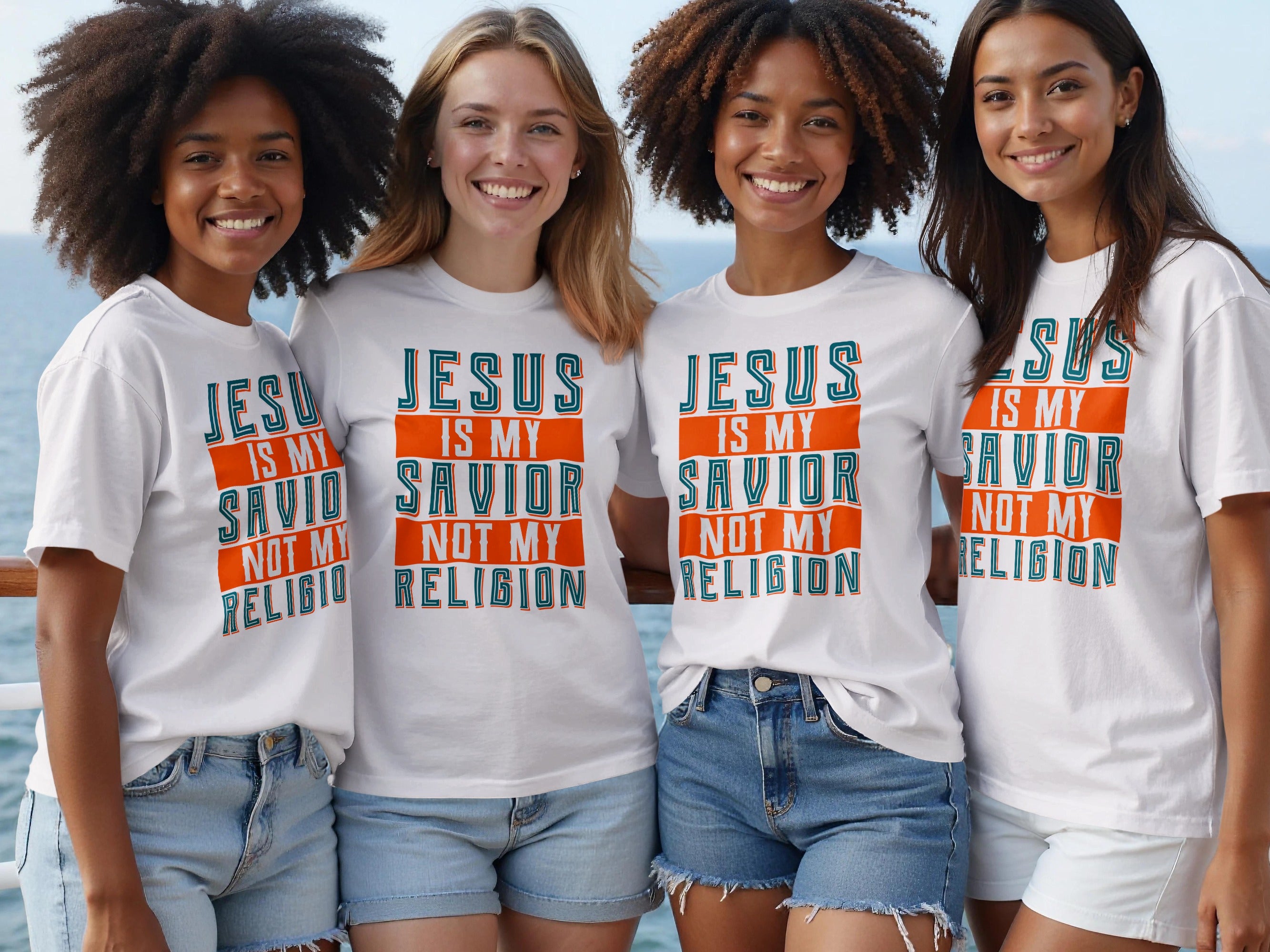 Four women wear white t-shirts with "Jesus is my Savior not my religion" printed on them.