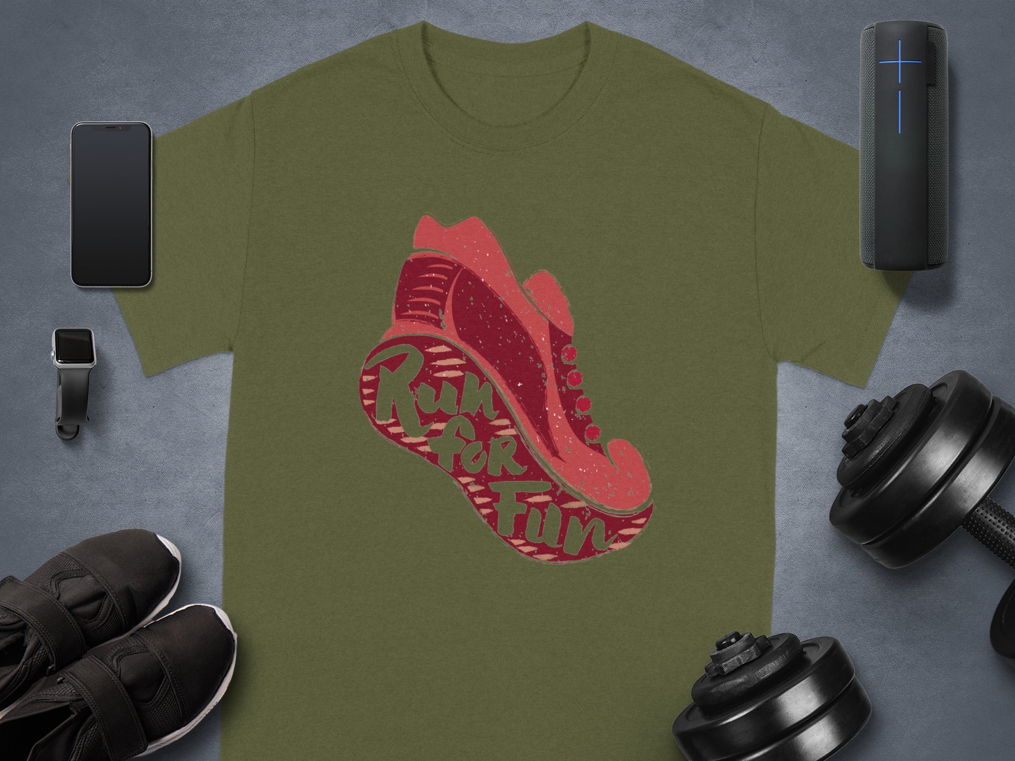 Olive green t-shirt with a distressed graphic of a running shoe and "Run for Fun" text.