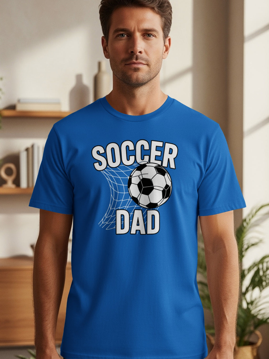 Blue t-shirt with "Soccer Dad" text and soccer ball in a net graphic.