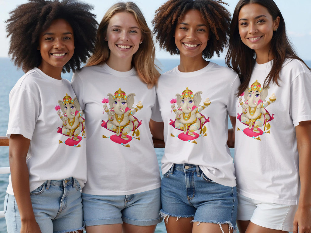 Four smiling women wear white t-shirts with a cartoon Ganesha graphic.