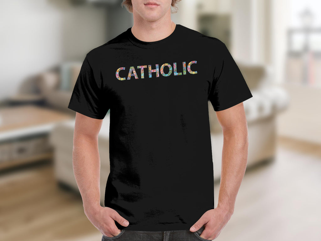 Black t-shirt with "CATHOLIC" text in colorful floral pattern.