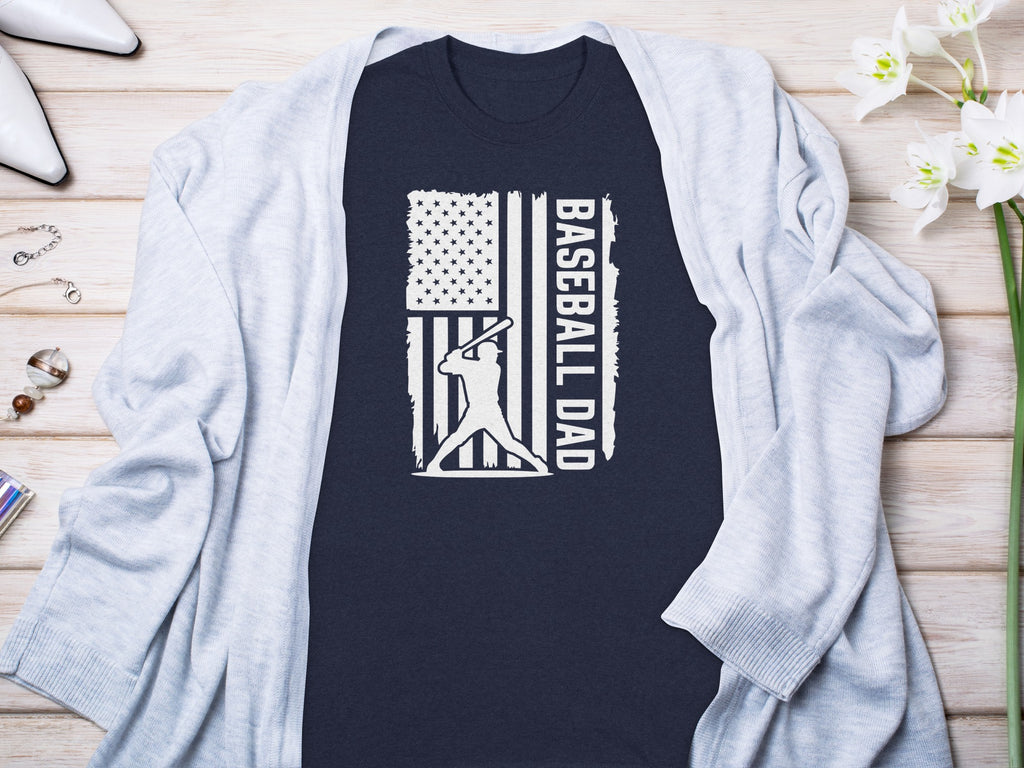 Dark blue t-shirt with distressed American flag and "BASEBALL DAD" text.