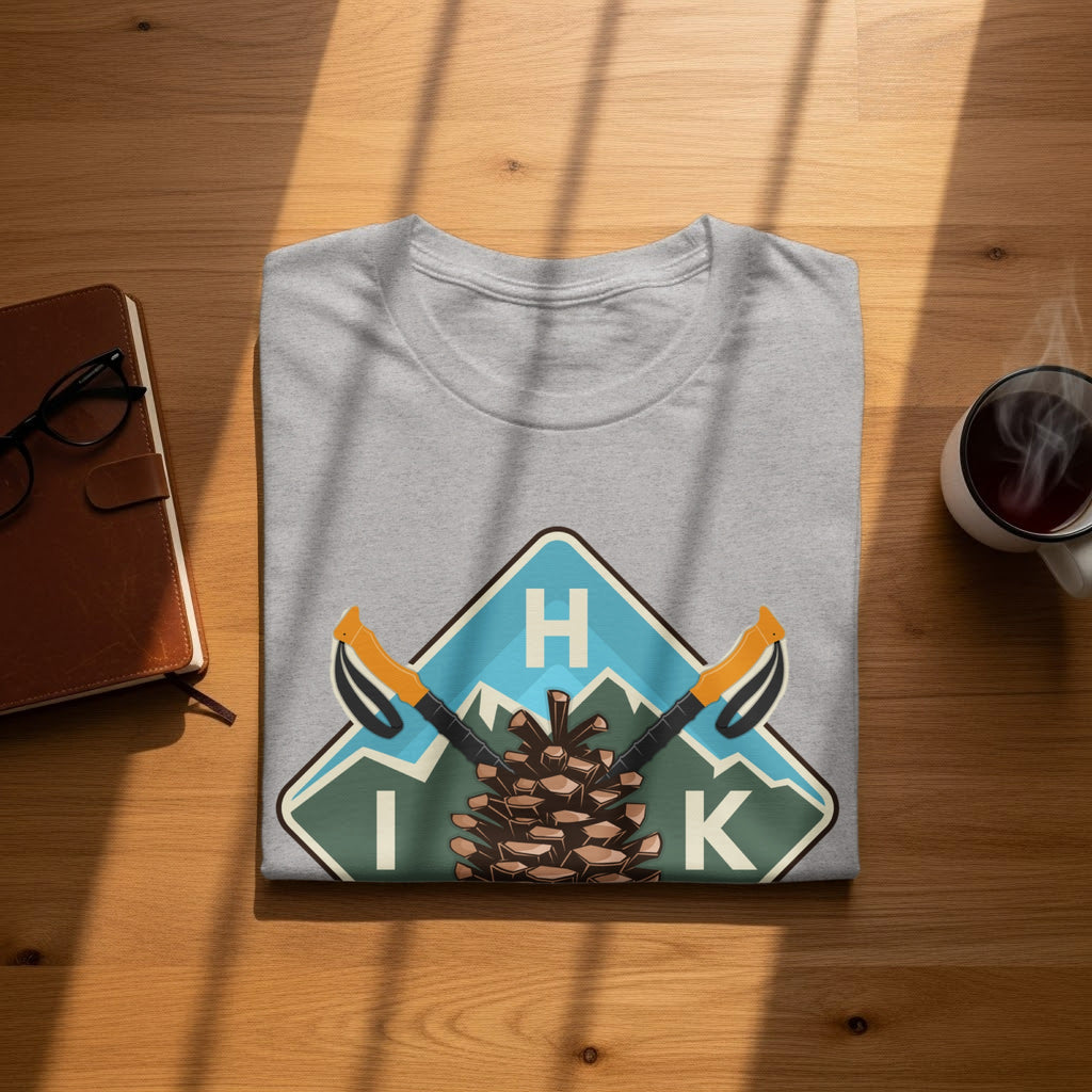 Grey t-shirt with "HKI" and a pinecone, mountains, and ski poles graphic.