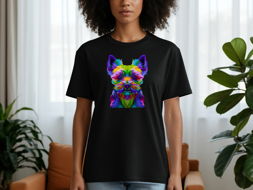 Black t-shirt with a colorful abstract dog face graphic print.