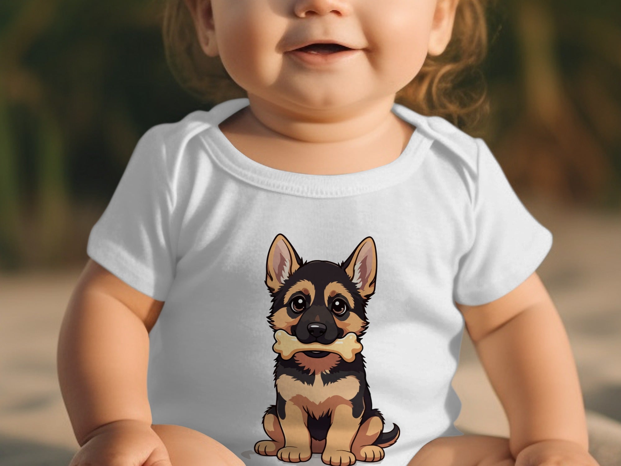 Baby wearing white onesie with cartoon German Shepherd puppy holding a bone graphic.