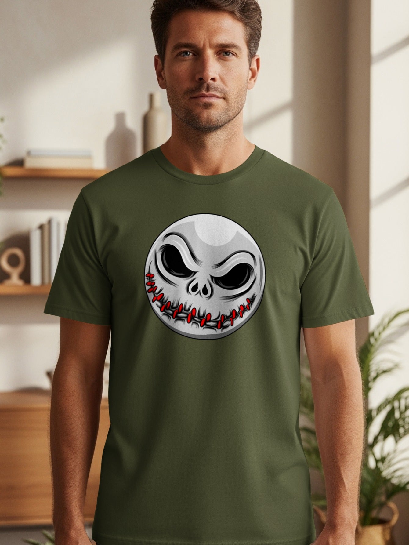 Olive green t-shirt with a stitched smiling skull graphic.