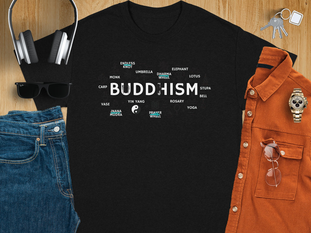 Black t-shirt with "BUDDHISM" and related symbols and words.